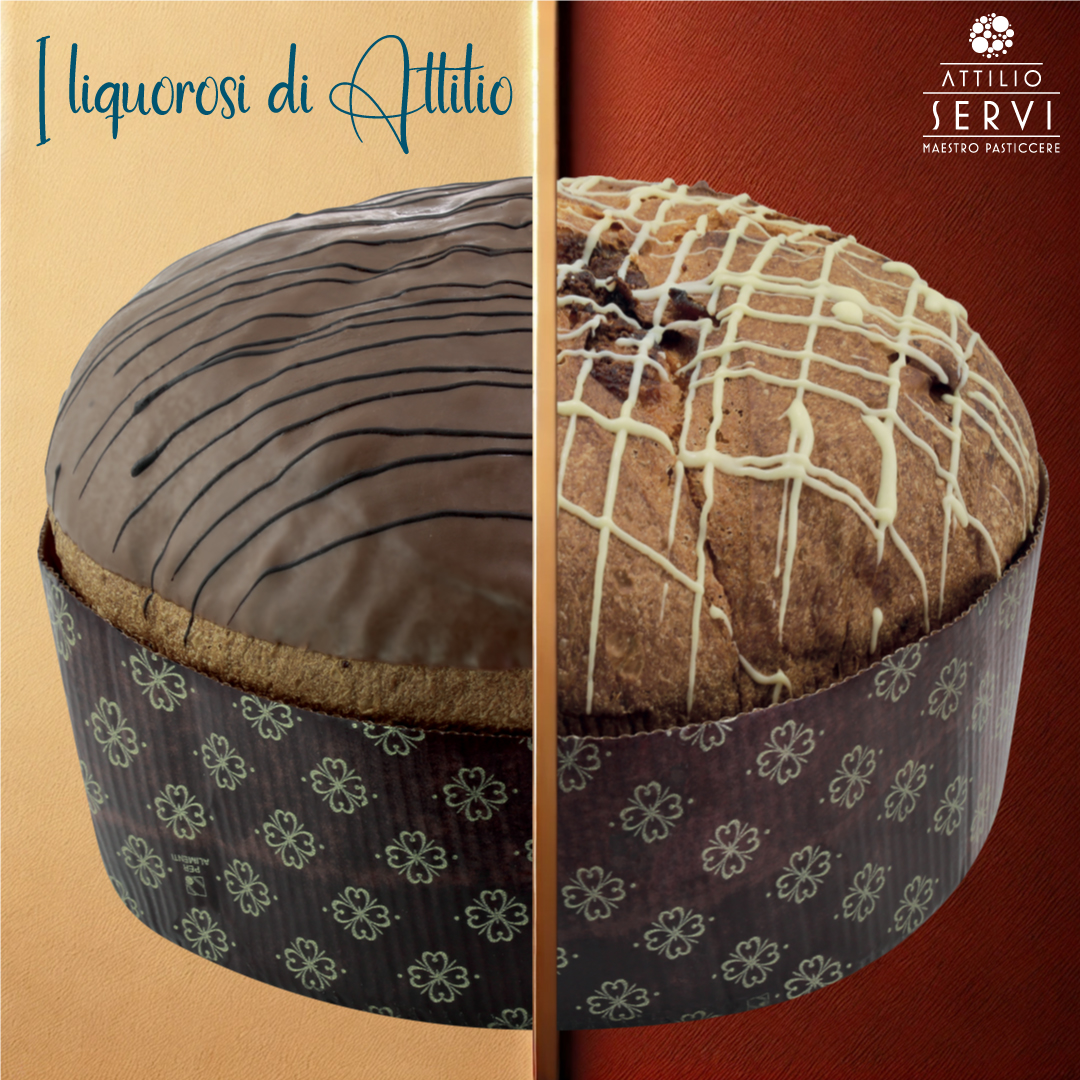 Panettoni liquorosi di Attilio Servi con decorazioni al cioccolato fondente e bianco, su sfondo elegante color miele e rosso mattone.